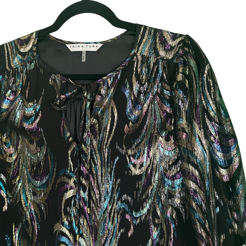 Trina Turk Top Ambrosial Silk Blend Metallic Jacquard V-Neck Black Multi S Glam - Picture 5 of 14